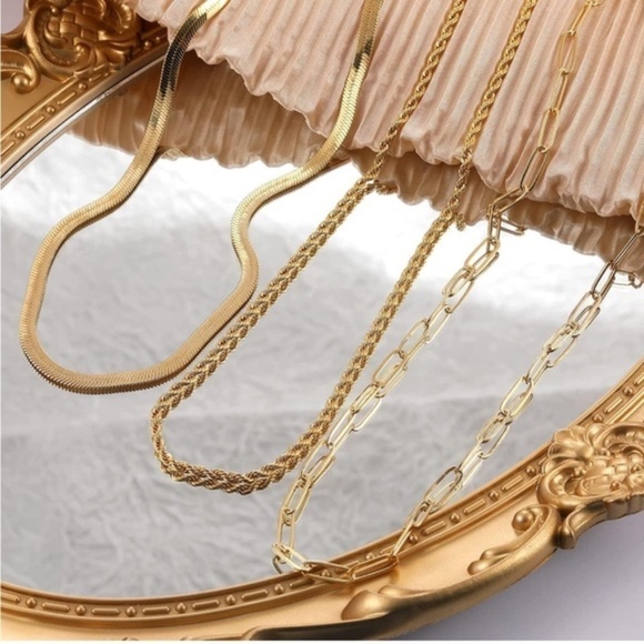 GOLD 14k Gold Plated 3pc Paperclip Herringbone Necklace Set - Picture 3 of 3